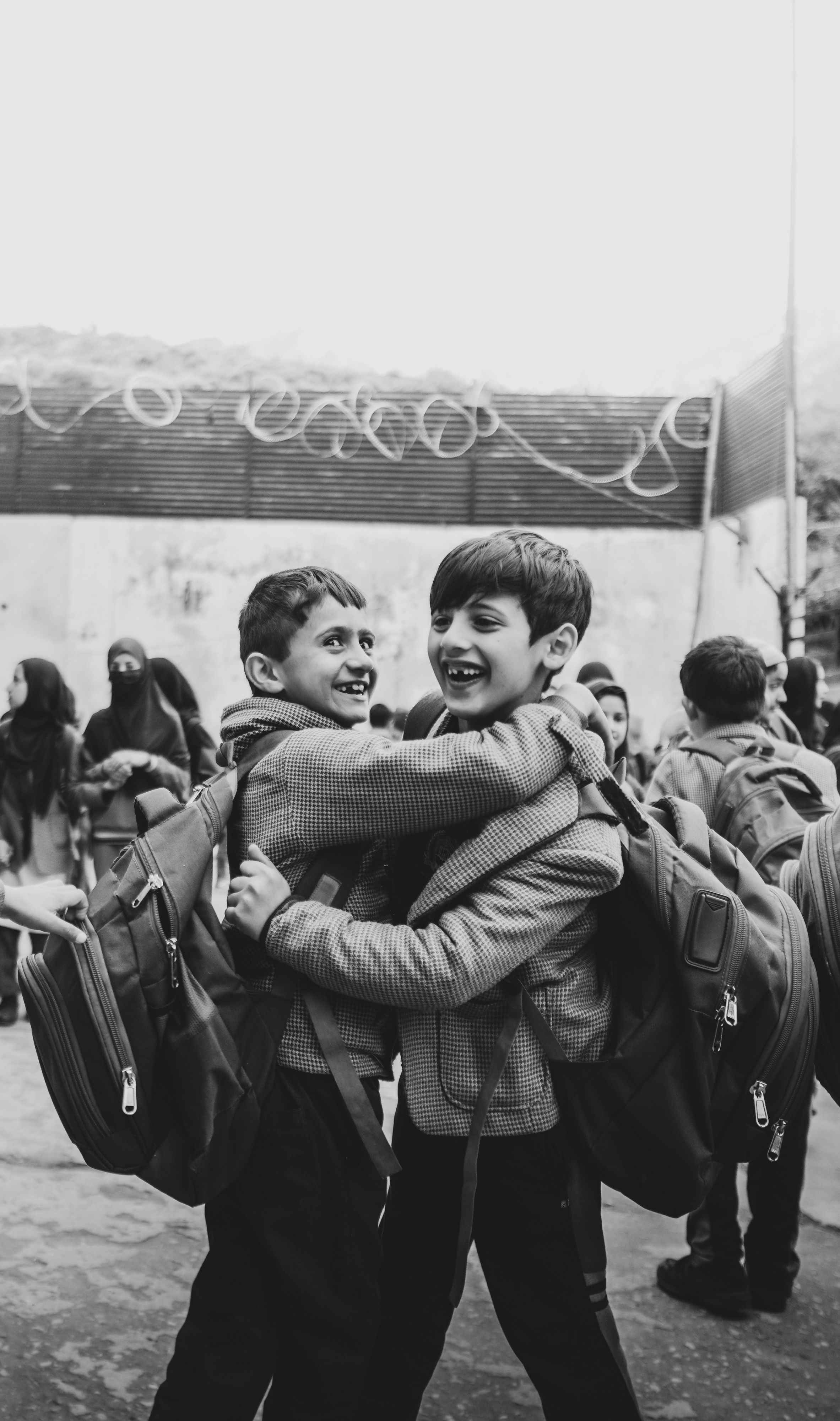 Students greeting each other at school